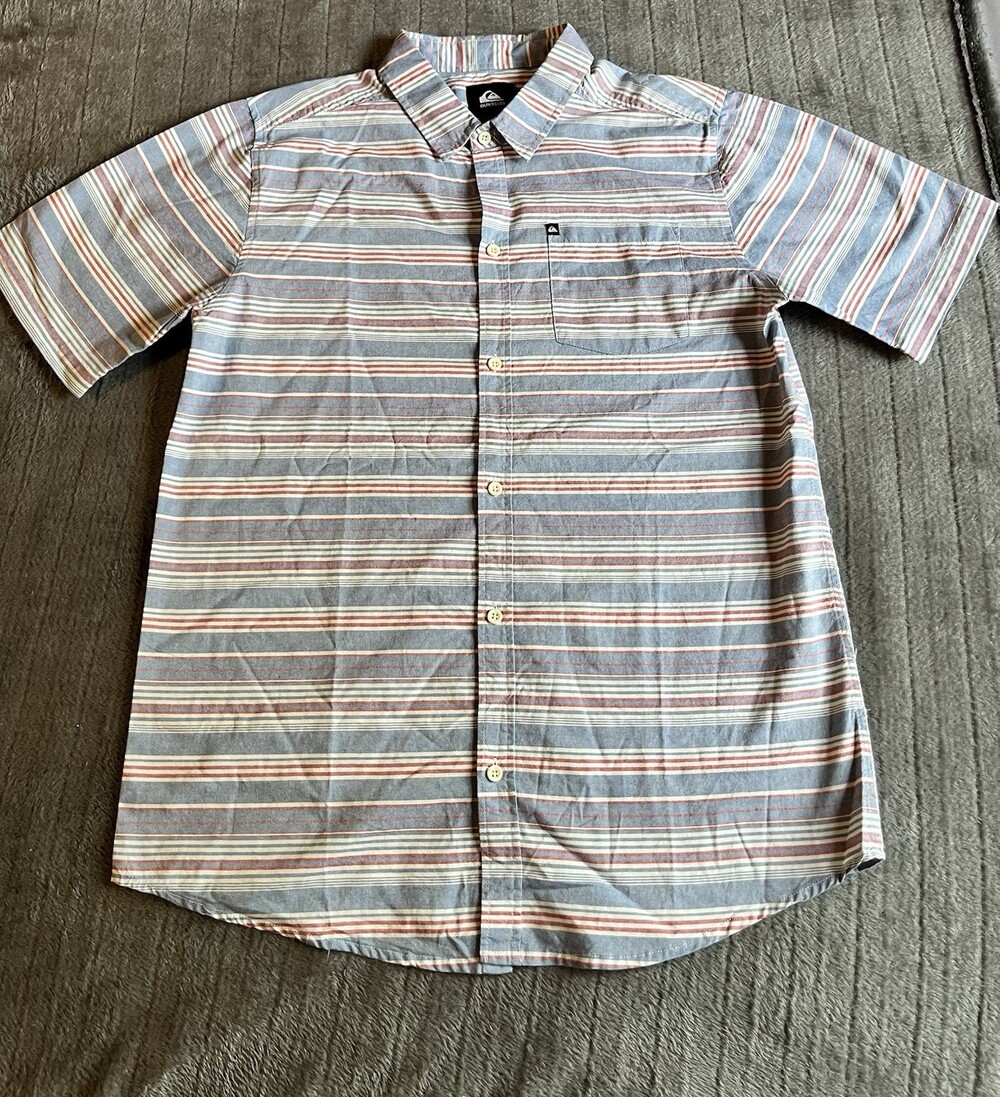 Quiksilver Button Up Shirt Boys XL/20 Striped Short Sleeve One Pocket Multicolor